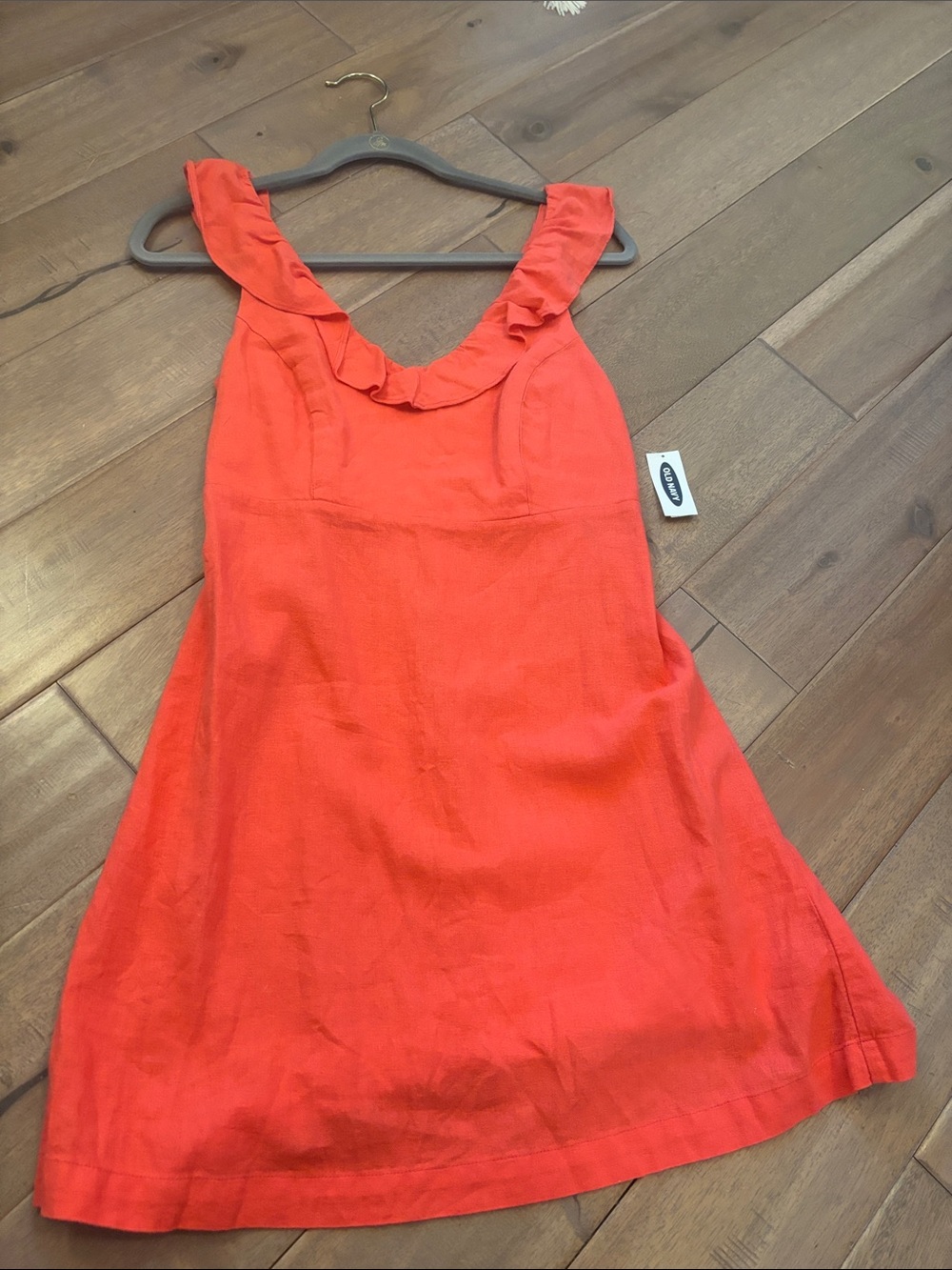 Women’s petite linen blend coral Ruffle Neck Shell Dress